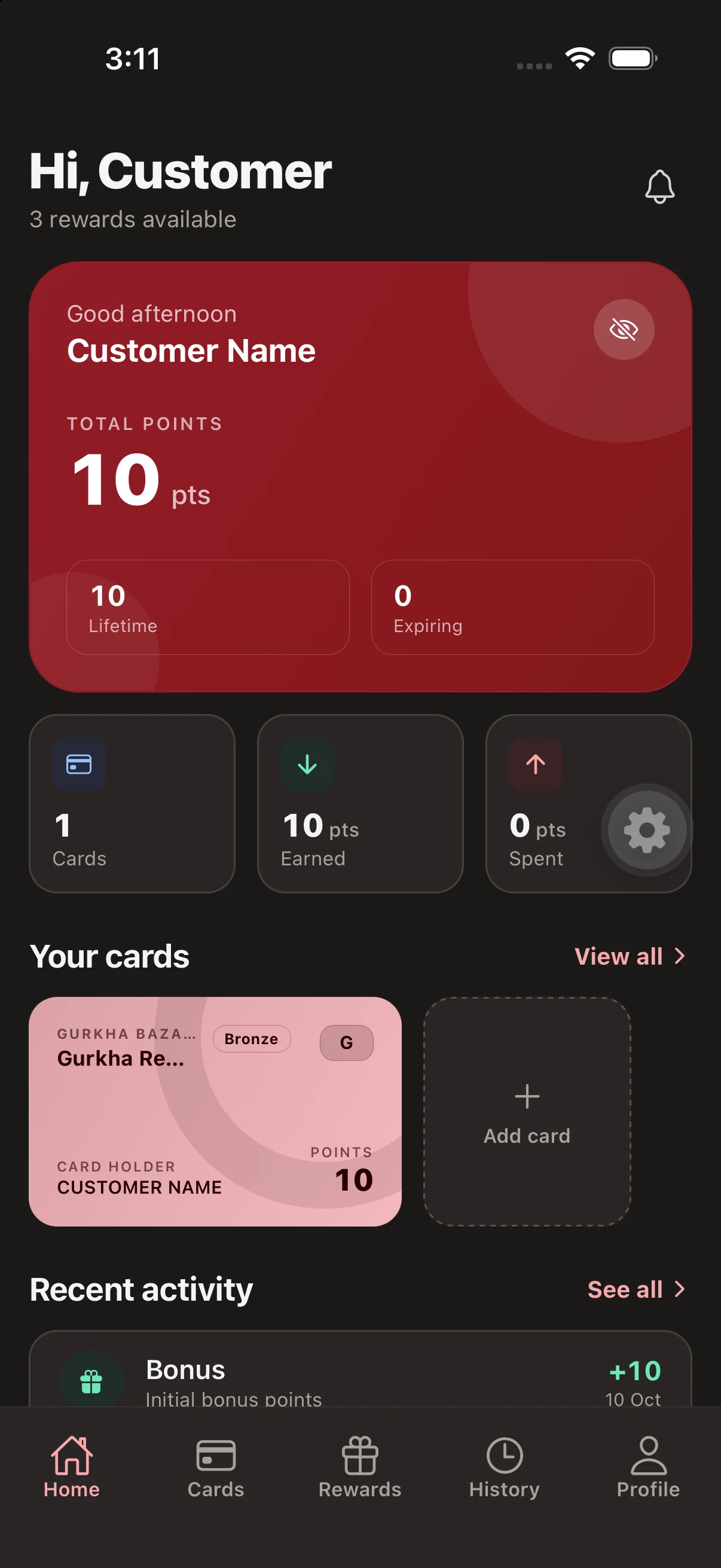 The Gurkha Loyalty customer app dashboard